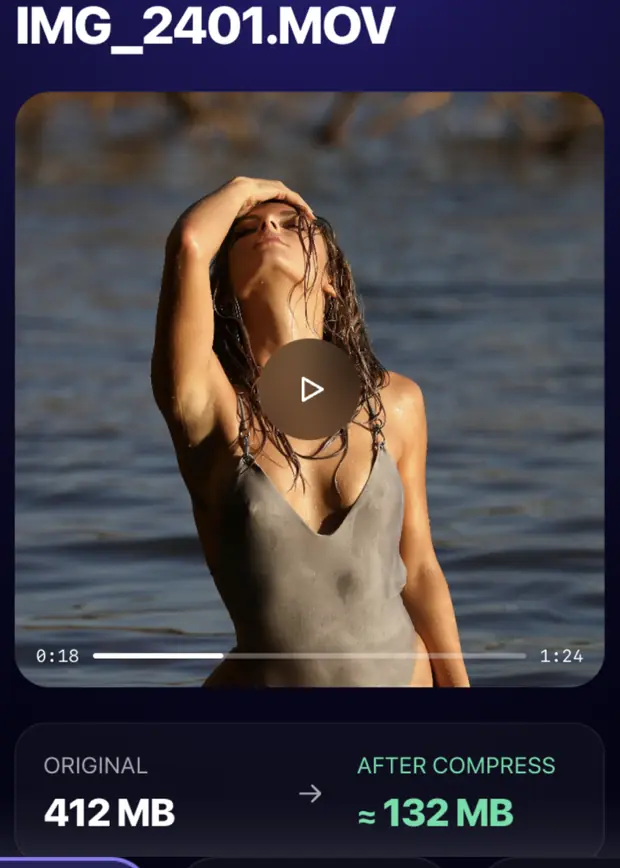 The compression screen in Roomy showing a selected video, its original size of 412 MB and the estimated size after compression.
