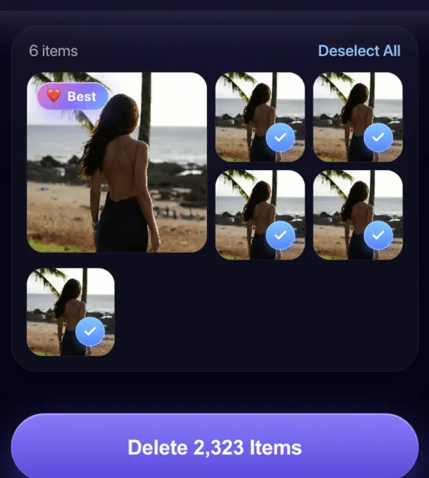 A group of six similar photos in Roomy: one marked Best and the other five ticked for deletion, above a Delete 2,323 Items button.
